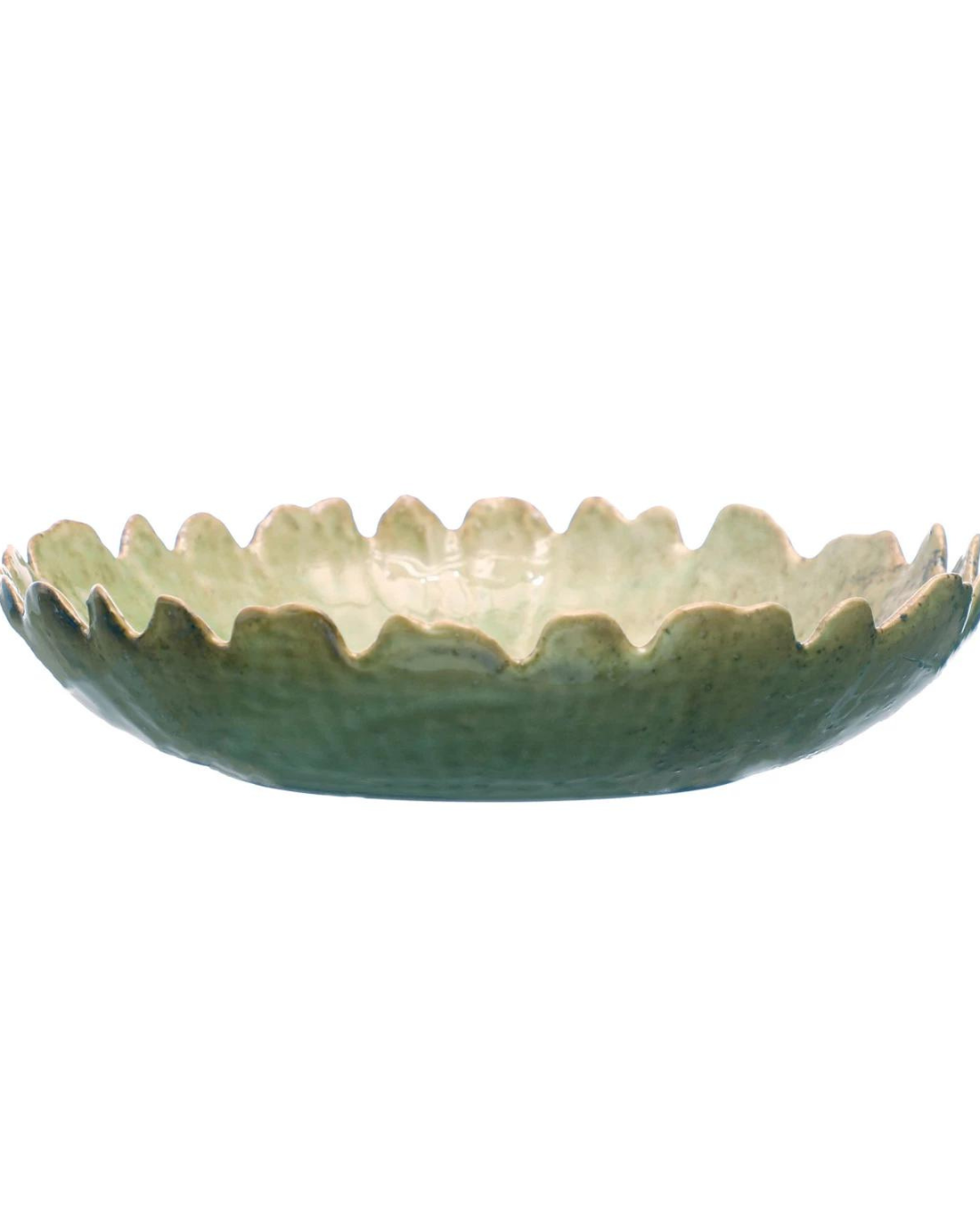 Introducing the Scalloped Edge Platter by Creative Co-op: a shallow green ceramic piece with a wavy, irregular rim. Its texture mimics leaves or organic shapes, and the reactive crackle glaze showcases subtle green hue variations.