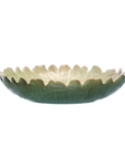 Introducing the Scalloped Edge Platter by Creative Co-op: a shallow green ceramic piece with a wavy, irregular rim. Its texture mimics leaves or organic shapes, and the reactive crackle glaze showcases subtle green hue variations.