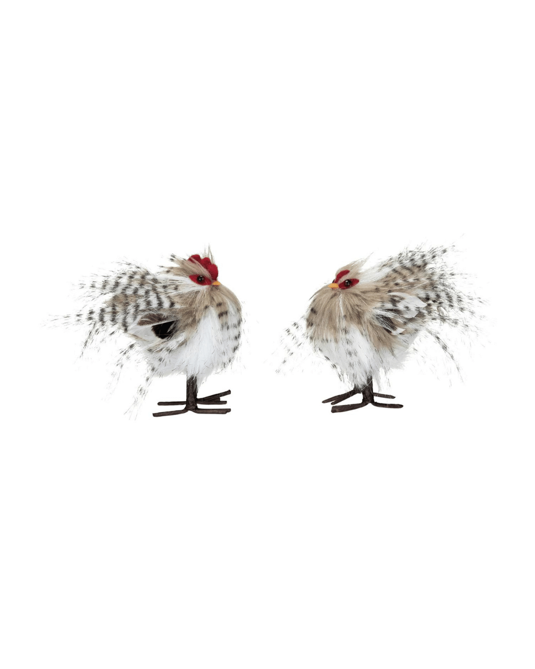 Two adorable Faux Fur & Feathers Chickens from Creative Co-op, with multi-color feathers, red crests, and yellow beaks, stand facing each other. Each figurine features delicate feather details and wire legs that mimic a natural fluffed pose. They are placed against a plain white background.