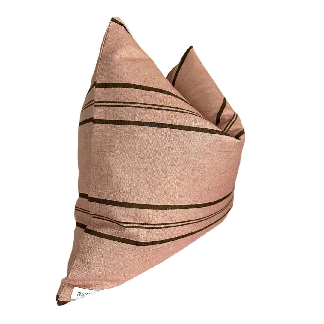 The Rennah Collective Clementine Pillow 22x22 features a square, decorative woven cover in light brown with dark brown stripes, crafted from a polyester-linen blend for texture and style.