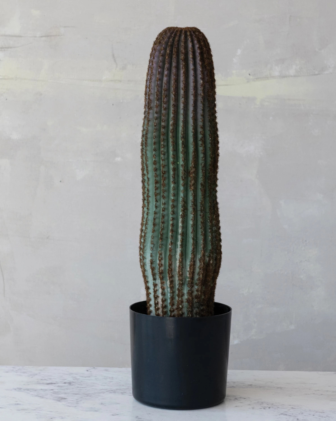 The Creative Co-op DG0366 Faux Vatricania Cactus, housed in a sleek black plastic pot, stands elegantly against a light gray textured wall. Its tall ribbed design with a faint brownish hue and 7-1/2" round setup offers a clean, modern touch that enhances minimalist spaces effortlessly.