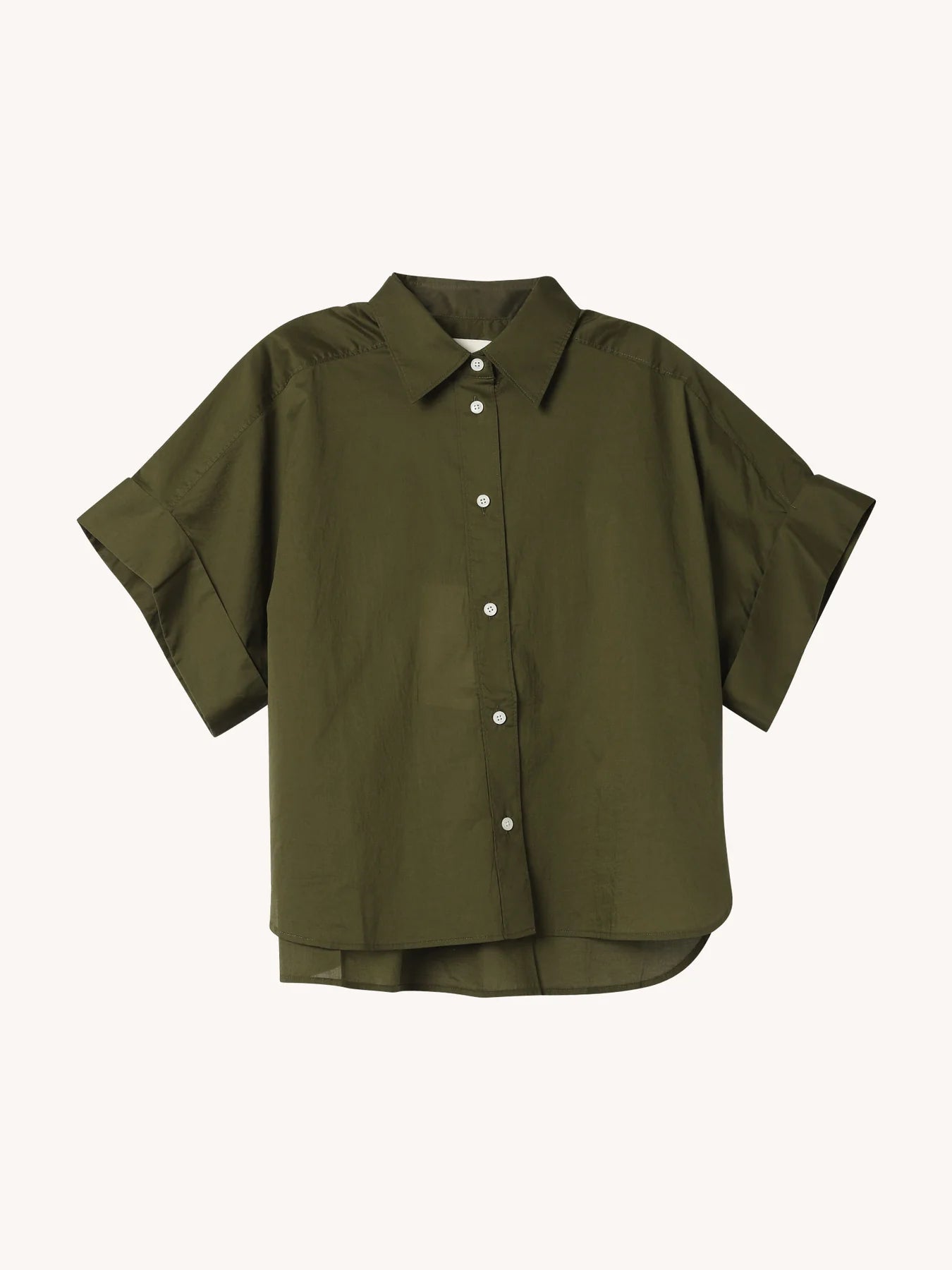 The CLOSED Turn-Up Shirt in olive green cotton features short sleeves, a collar, relaxed fit, and cuffed turn-up sleeves, displayed against a plain light background.