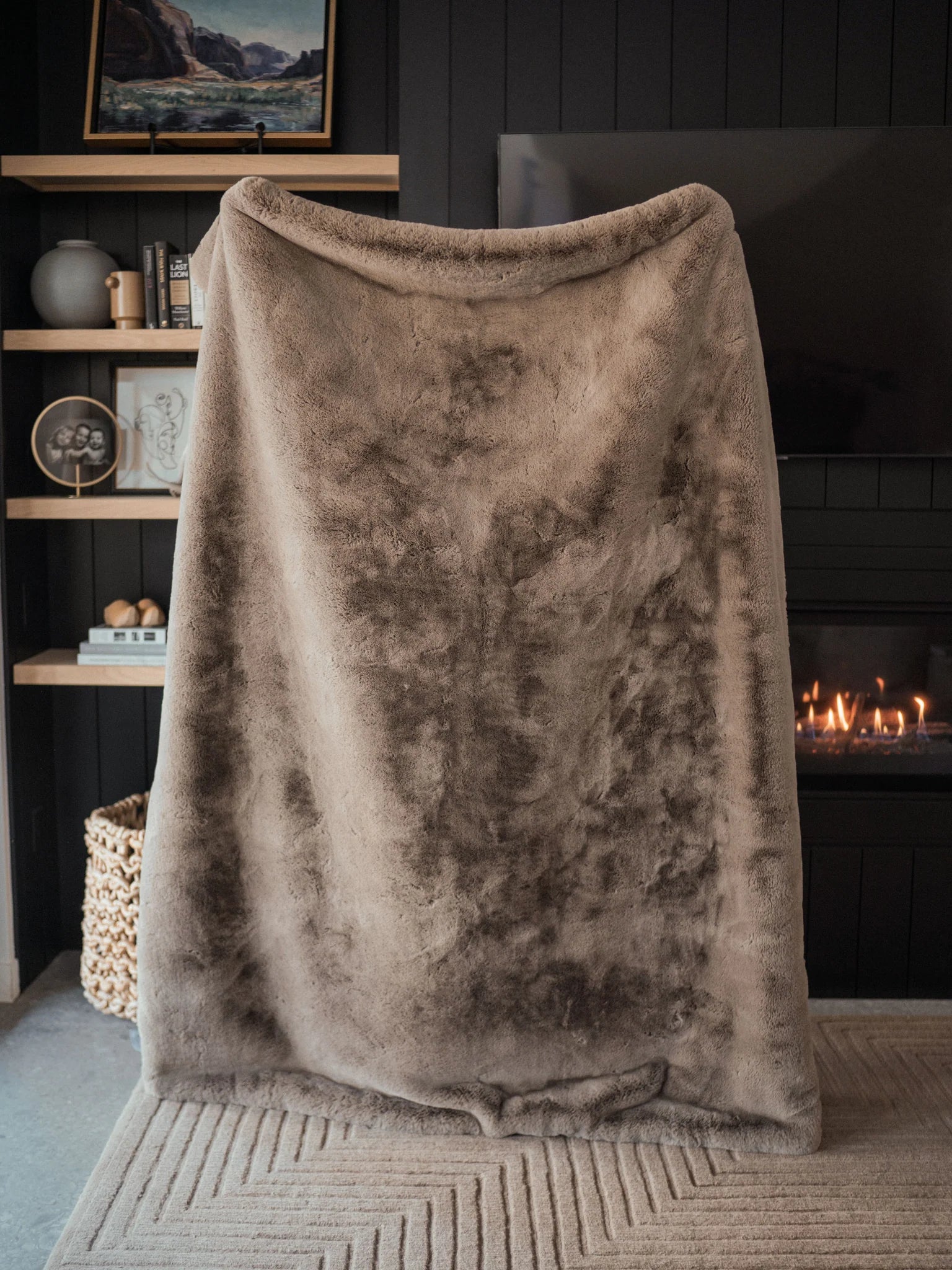 A large, soft brown Cozy Earth Cuddle Blanket with an ultra-plush pile is held up in front of a modern fireplace and dark wall, with decor shelves and a painting visible to the left.