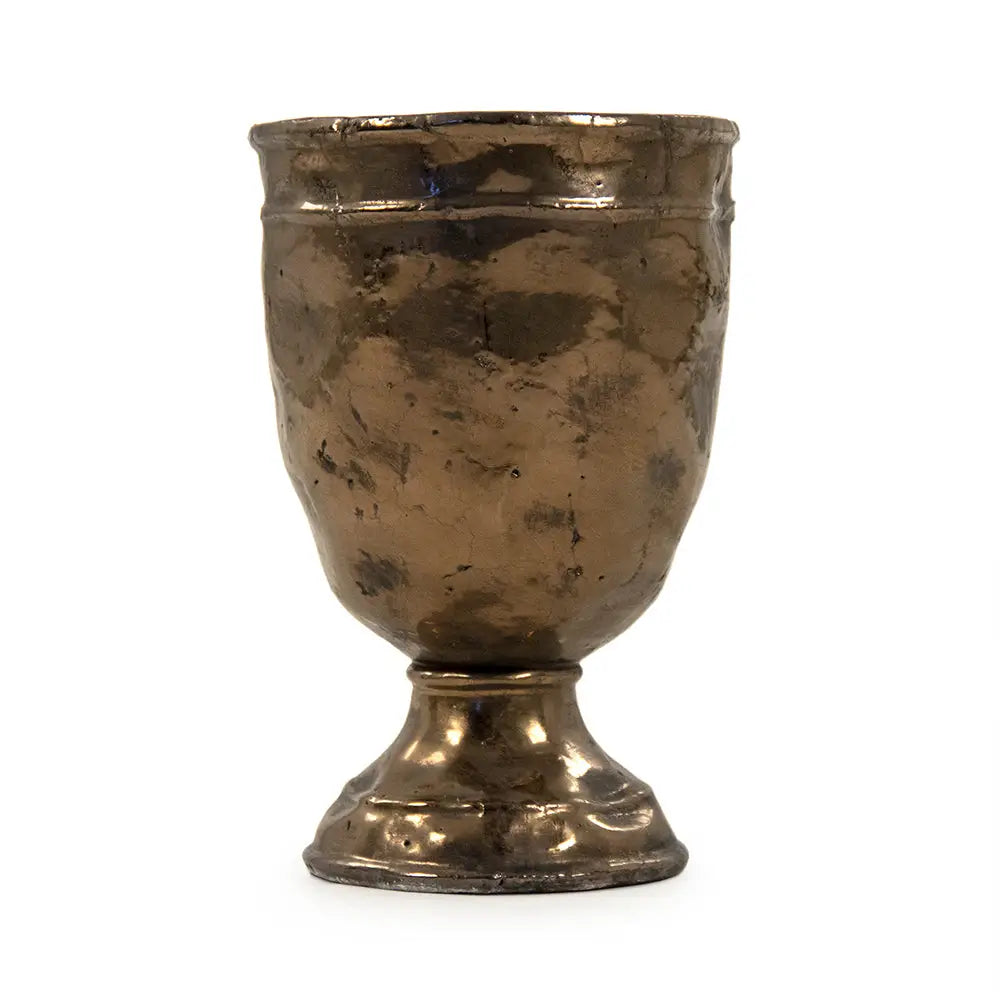 The Zentique Distressed Bronze Vase features a wide rim, rounded body, and narrow stem on a small circular base. Its opening is ideal for display. Shown against a white background. Product dimensions available upon request.