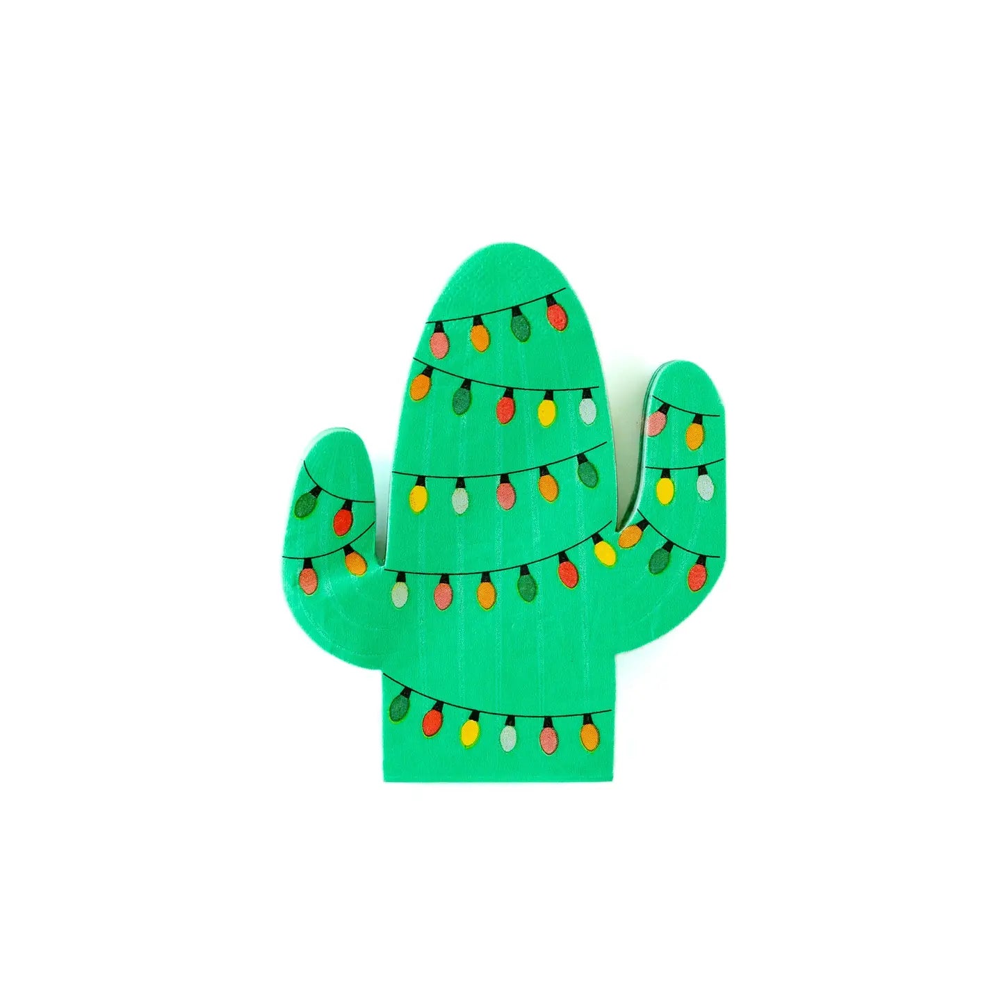 The MME Napkin by Faire features a cactus-shaped design illuminated with rows of vibrant lights in red, orange, green, and yellow hues, all set against a simple white backdrop.