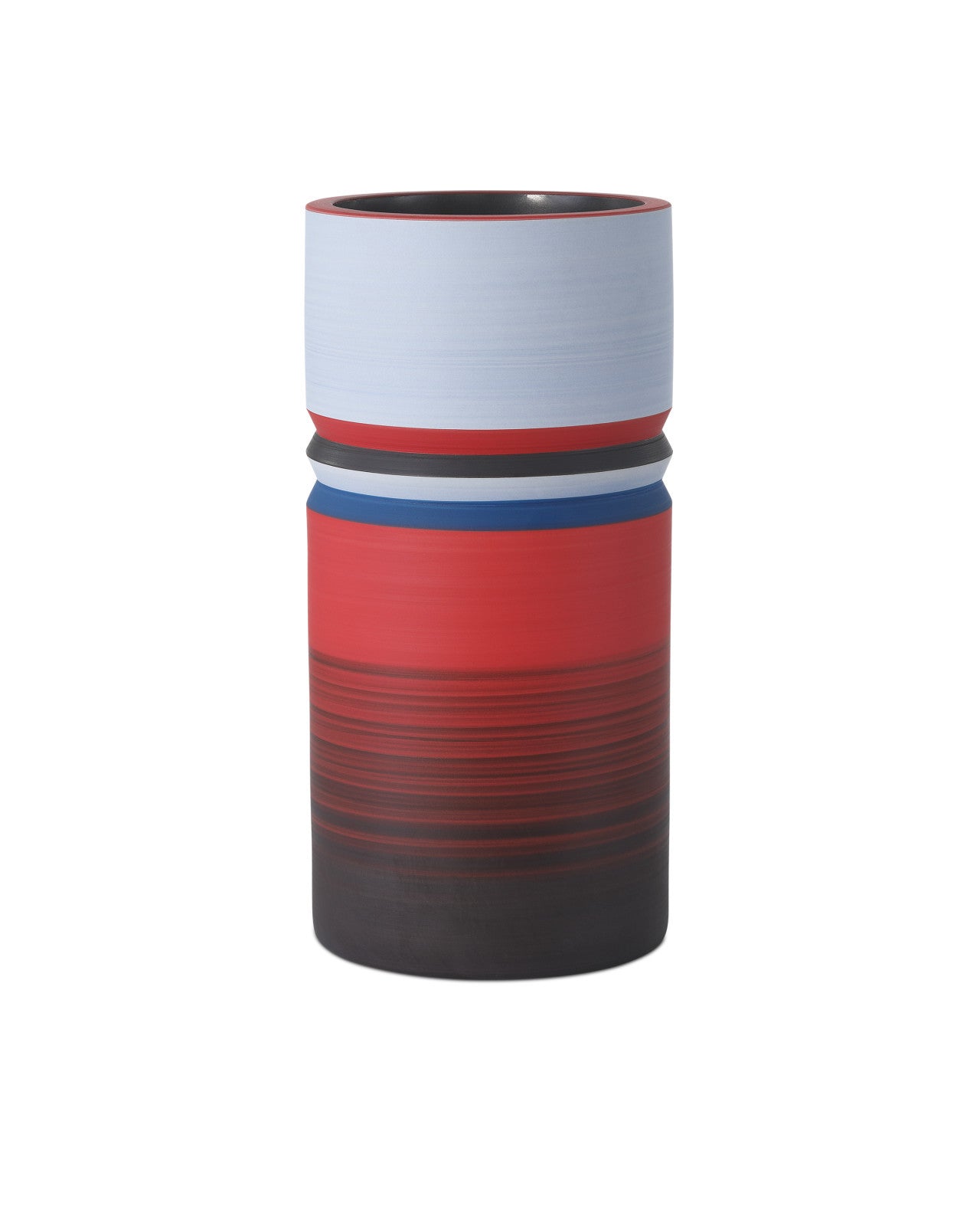 The Currey & Company, Inc. Black/Blue/Red 80's Medium cylindrical ceramic vase features horizontal stripes in blue, white, red, and brown, adding colorful decor to your space and shown against a plain white background.