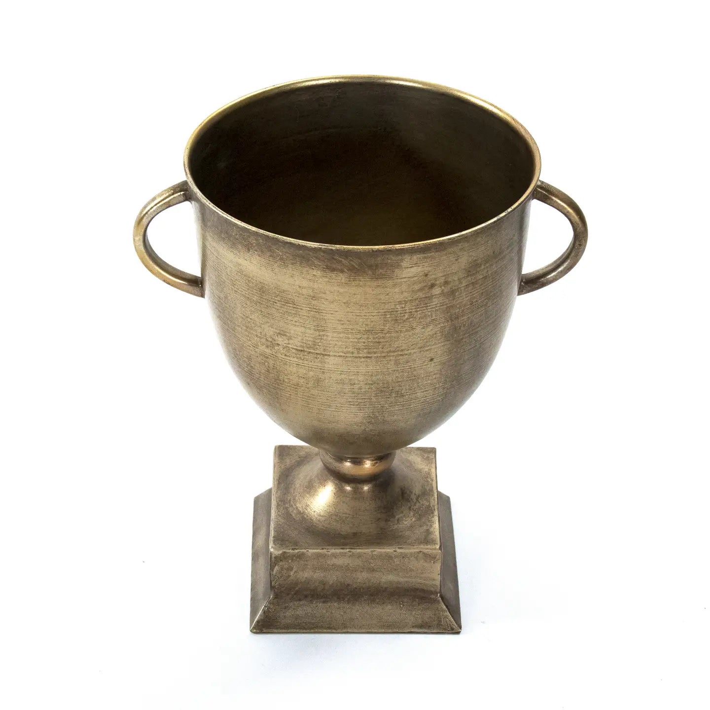 The Zentique Camille Trophy in antique gold features two handles and a square base, elegantly photographed on a white background—an eye-catching decor piece for any home.