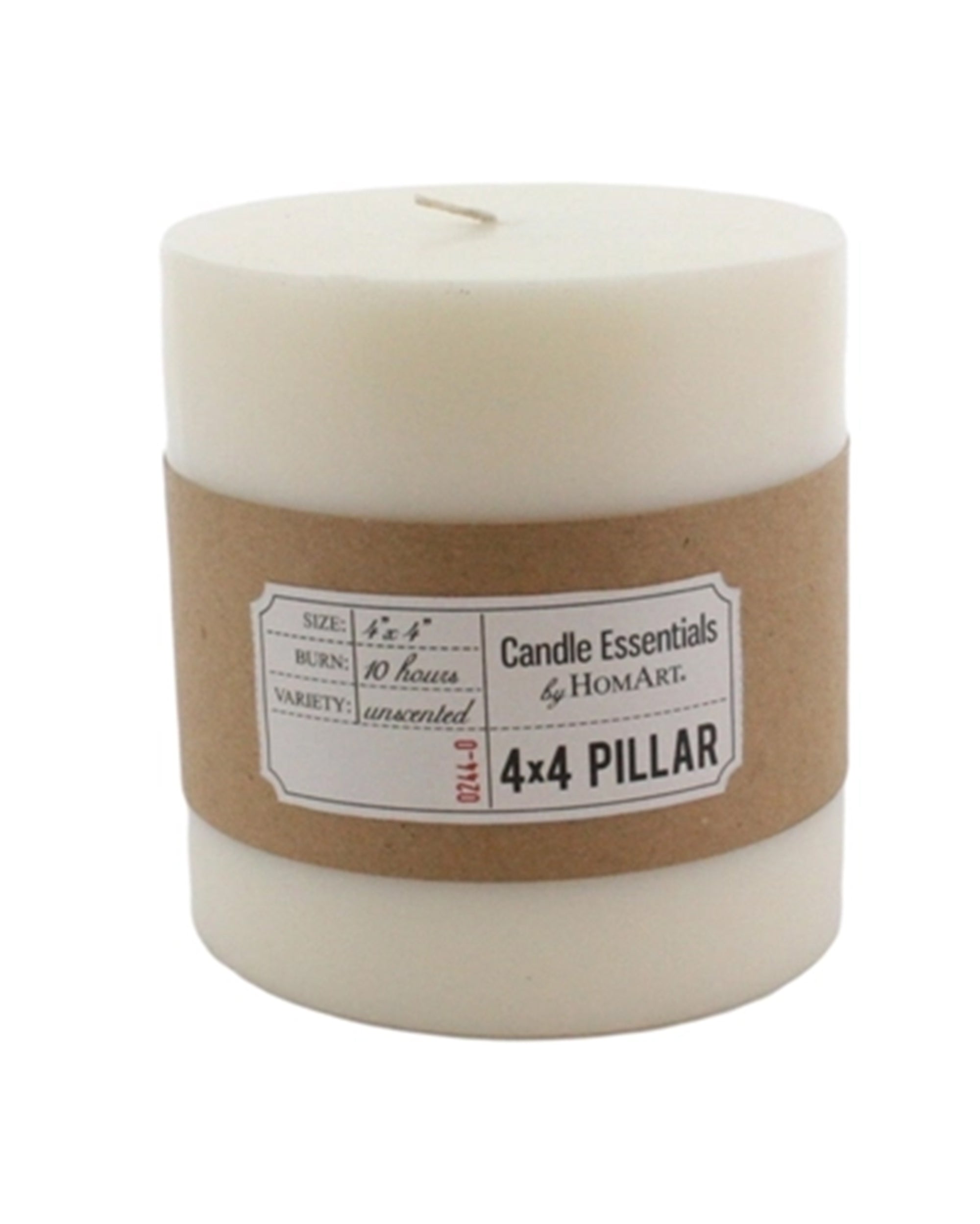 The HomArt Ivory Pillar 4x4 is an unscented, paraffin wax candle with a cotton wick and a brown paper label reading "Candle Essentials by HomArt, 4x4 Pillar, 10 hours burn." The cylindrical candle is unlit.