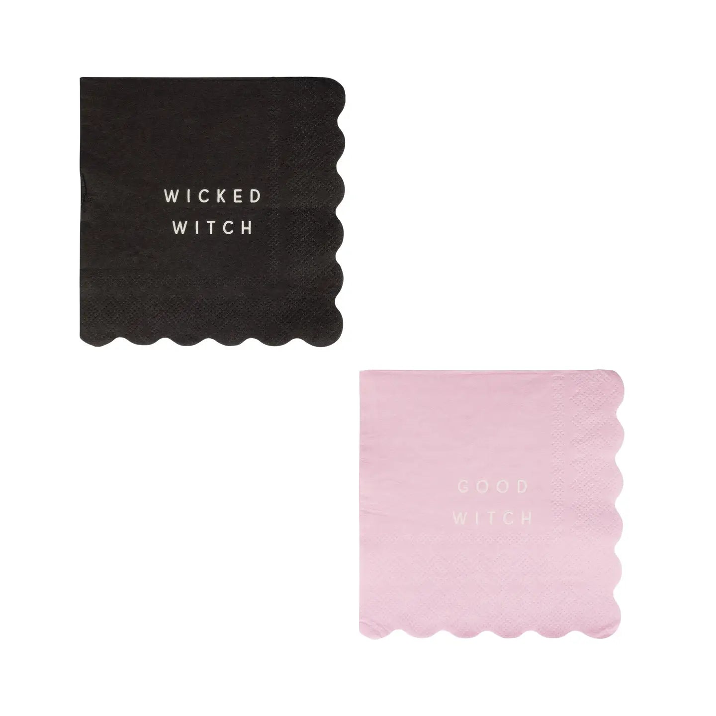 Add a whimsical touch to your summer barbeque with Cocktail Paper Napkins by My Mind's Eye—one black napkin reads "WICKED WITCH" in white, the other light pink with "GOOD WITCH" in gold, both scalloped-edge and displayed on a white background.