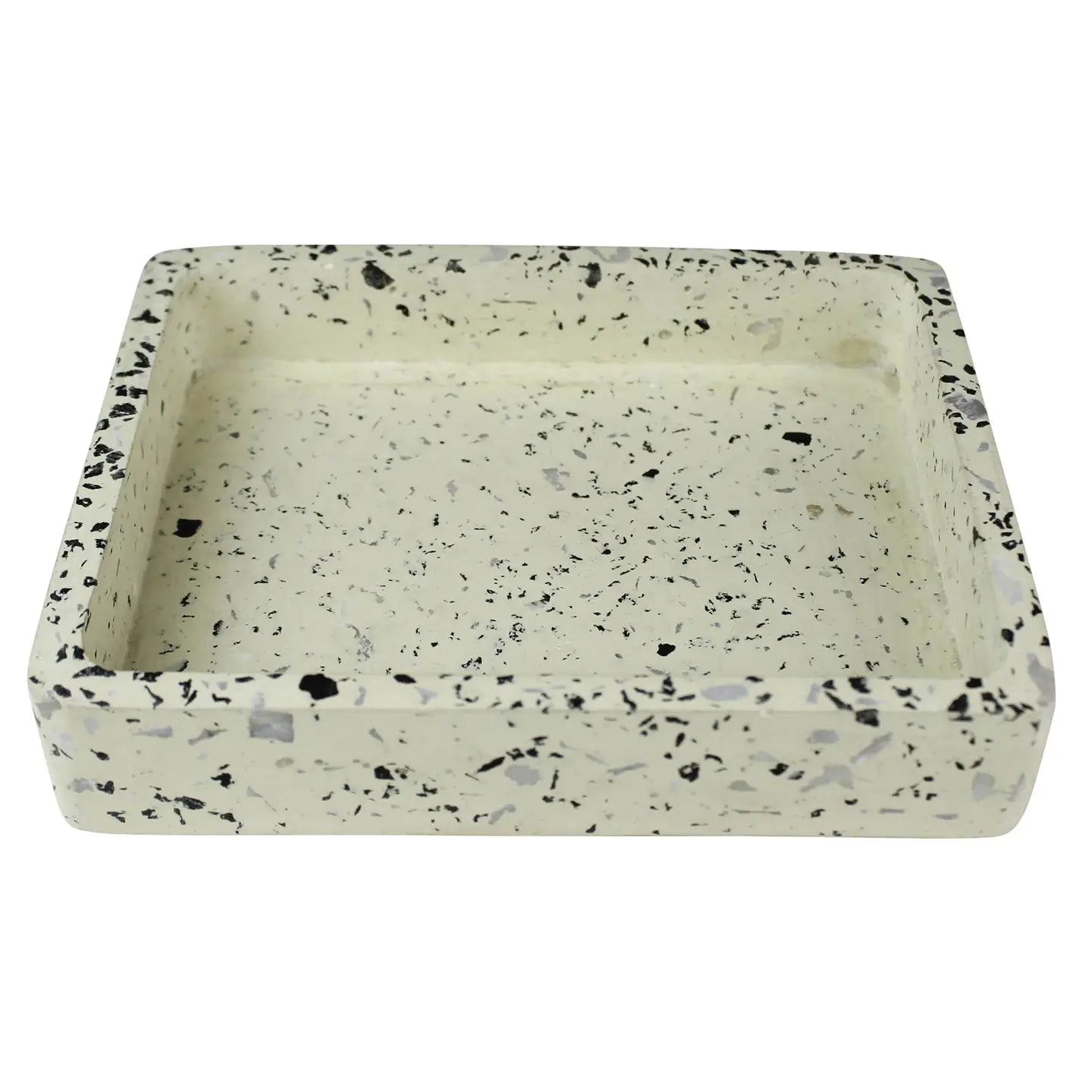 The HomArt Terrazzo Tray White features a speckled pattern with black, gray, and dark green fragments on light beige, resembling elegant marble. Its raised edges and smooth surface make it ideal for holding small items.