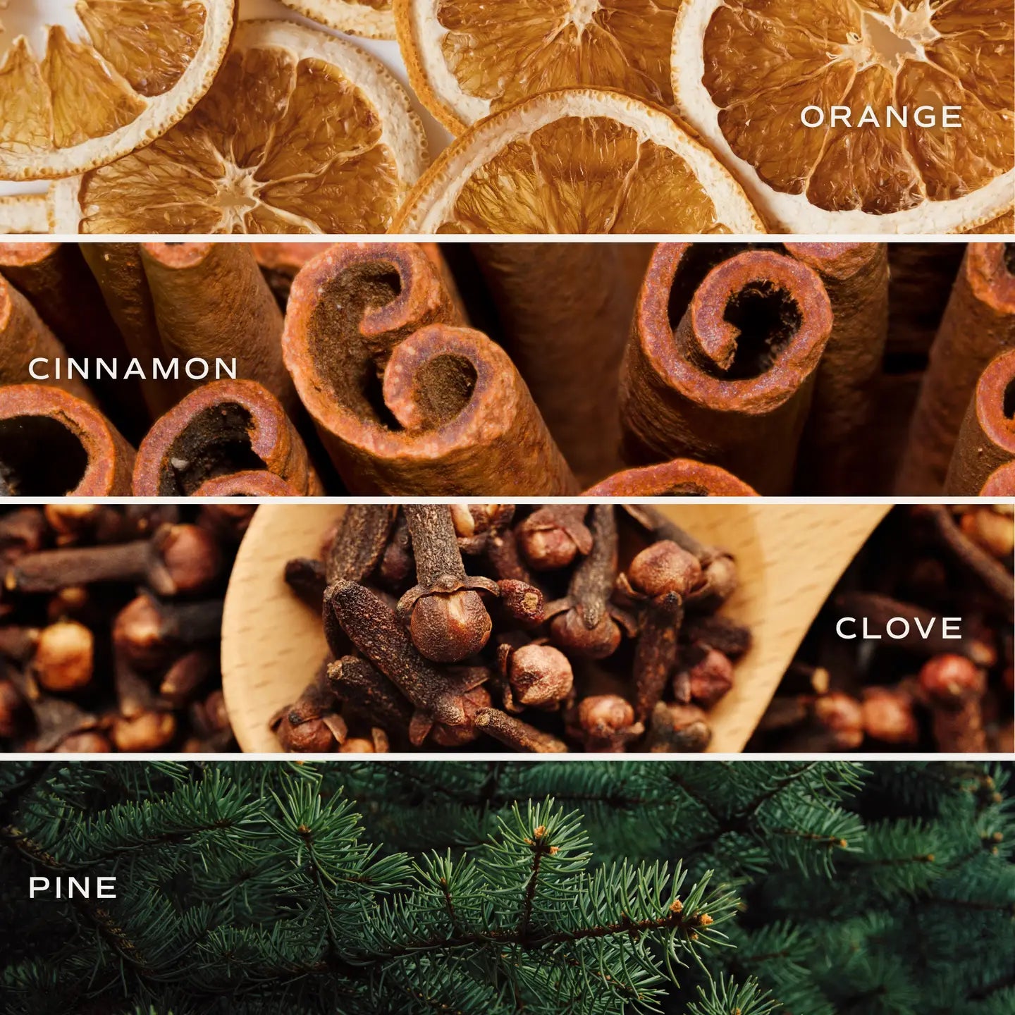 Four horizontal panels show: dried orange slices, cinnamon sticks, whole cloves on a spoon, and green pine branches—scents inspired by Faire's non-toxic Christmas Candle w/ Lid made with premium fragrance oil.