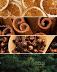 Four horizontal panels show: dried orange slices, cinnamon sticks, whole cloves on a spoon, and green pine branches—scents inspired by Faire's non-toxic Christmas Candle w/ Lid made with premium fragrance oil.