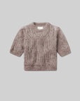 The Odette Puff Sleeve Sweater by Citizens Of Humanity/AGOLDE features a light brown wool-blend, cable pattern, short puff sleeves, and a round neckline for a feminine knit look, shown on a plain gray background.