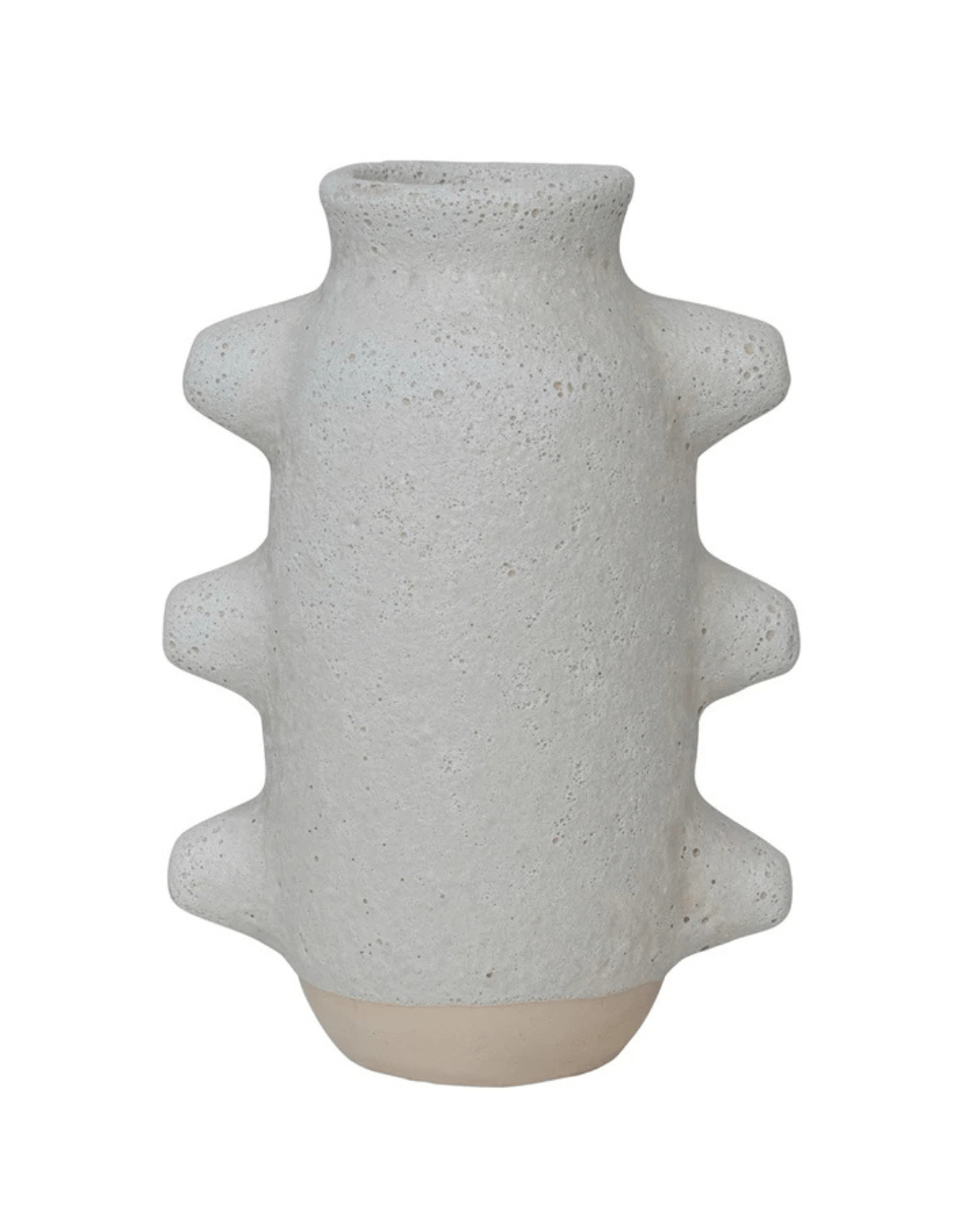 The Caterpillar Vase by Creative Co-op is a textured, light grey stoneware piece with an organic shape. It has a cylindrical body, four rounded spikes on each side for an abstract look, a narrow opening at the top, and a slightly darker base with a subtle volcano finish.