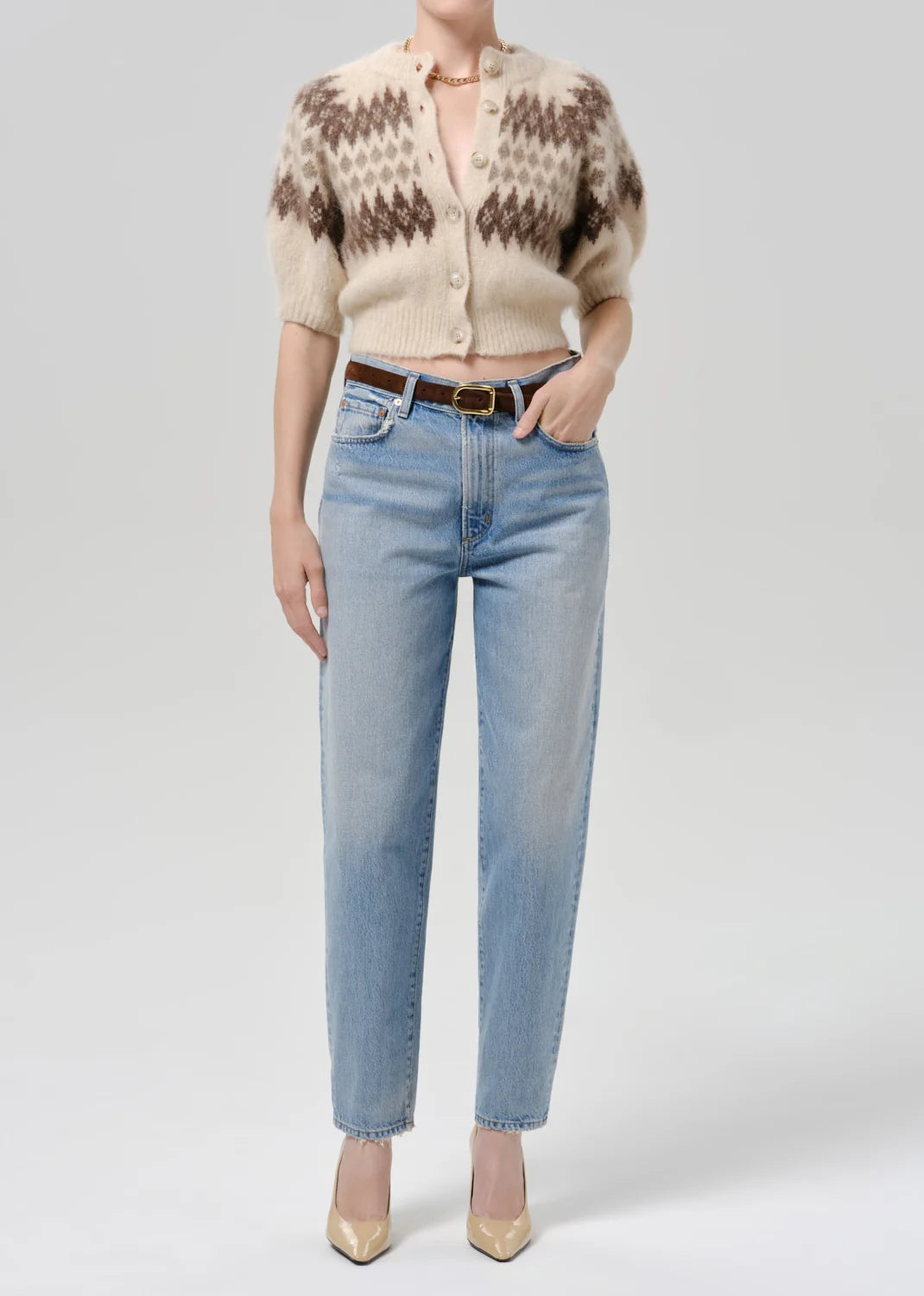 Citizens Of Humanity Molly Puff Sleeve Cardigan in Fairisle with light blue jeans and beige heels.