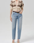 Citizens Of Humanity Molly Puff Sleeve Cardigan in Fairisle with light blue jeans and beige heels.