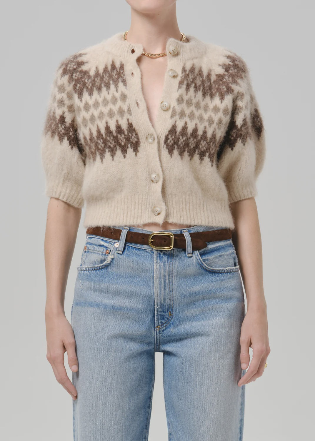 Molly Puff Sleeve Cardigan in Fairisle by Citizens Of Humanity/AGOLDE with colorful patterned knit, shown waist up.