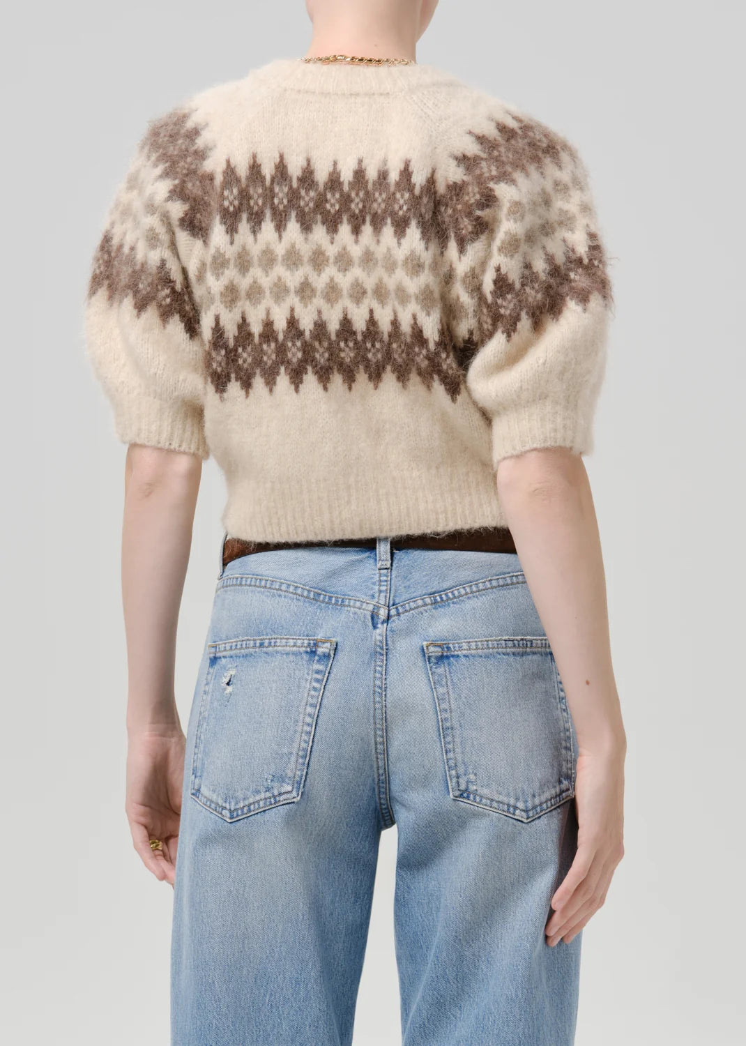 Fairisle Molly Puff Sleeve Cardigan by Citizens Of Humanity/AGOLDE shown from the back, highlighting knit pattern.