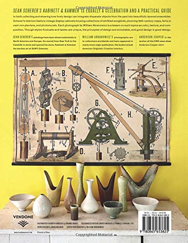 Sean Scherer's Kabinett by Hachette Book Group features ceramic vases on a wooden surface against a yellow wall, with a vintage mechanical diagram overhead—an ideal touch of character for any home decor or interior design.