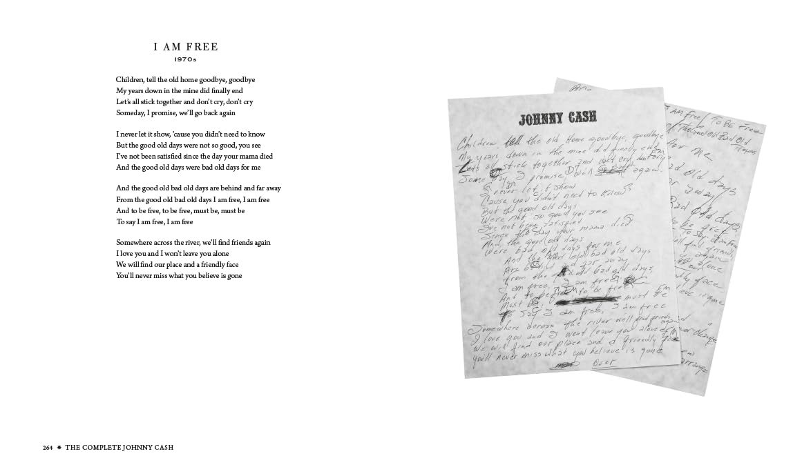 On the right, two handwritten Johnny Cash lyric pages show his creative process. On the left, typed "I Am Free" lyrics are next to page 304 from Hachette Book Group’s The Complete Johnny Cash.