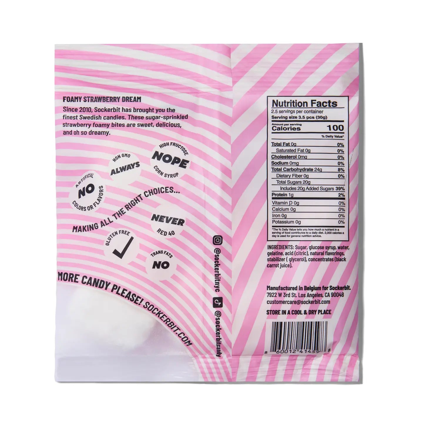 Back of a pink and white striped Faire Foamy Strawberry Dream candy bag shows the product description with bold words like "NOPE" and "ALWAYS," nutrition facts, non-GMO label, social media handles, and notes it's strawberry foamy bites made in Sweden.