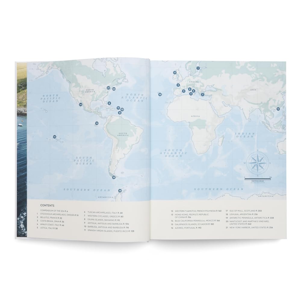 Sailing The Seas V2 by Ingram Book Company shows an open book with a world map and numbered blue dots for sailing destinations. A contents list links numbers to locations, making it ideal for planning global maritime trips.