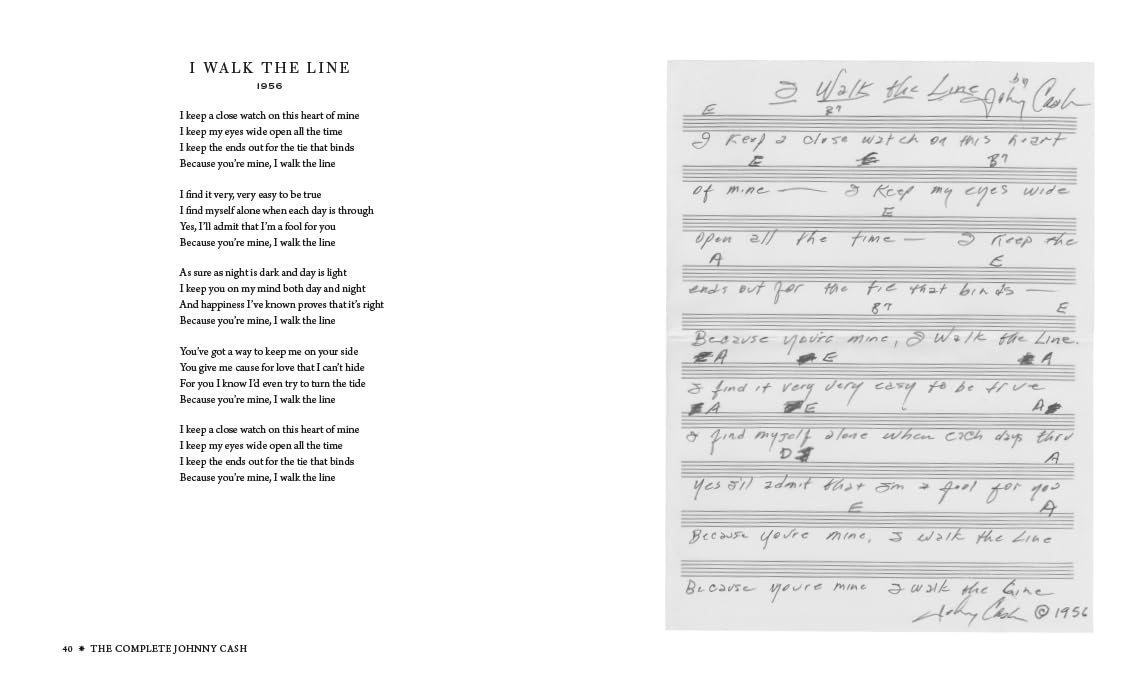In The Complete Johnny Cash by Hachette Book Group, a printed poem "I Walk The Line" appears opposite handwritten lyrics and music with Johnny Cash’s signature—a standout from the archive.