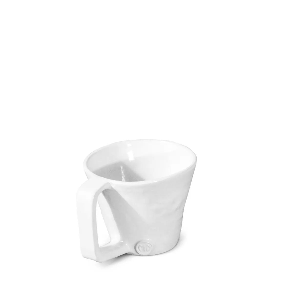 The Montes Doggett Mug No. "379" is a white, high-fired ceramic cup featuring an angular handle, displayed on a plain white background.