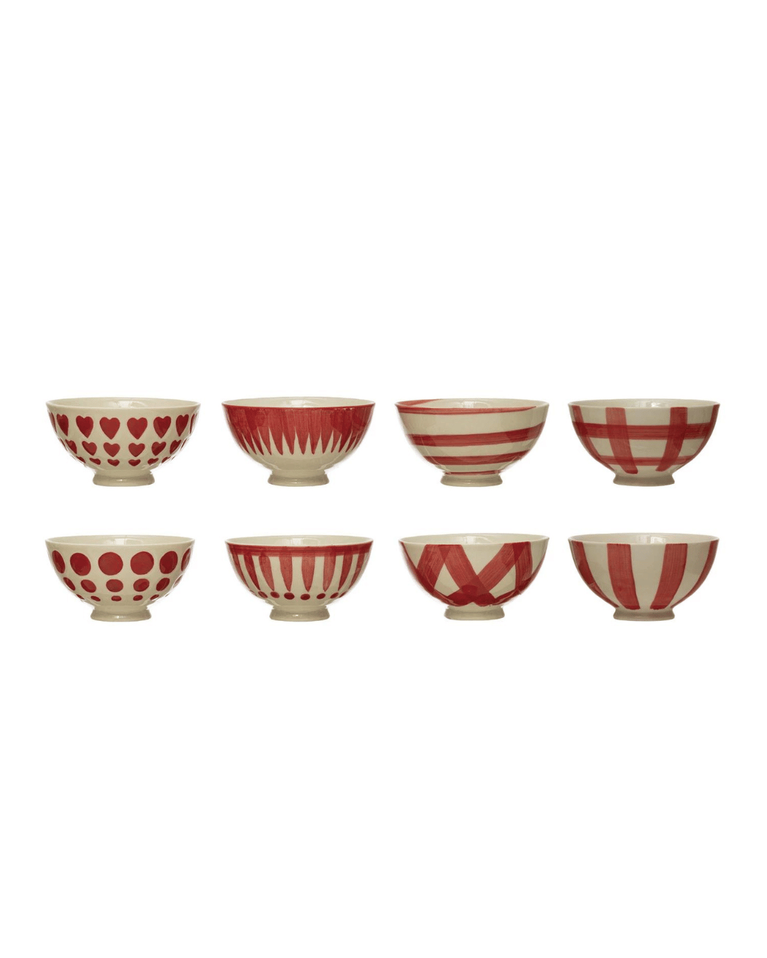 A set of eight Creative Co-op White & Red Latte Bowls, each hand-painted with a unique pattern featuring hearts, sunbursts, stripes, polka dots, zigzags, and other geometric shapes. These stoneware bowls are arranged beautifully in two rows of four.