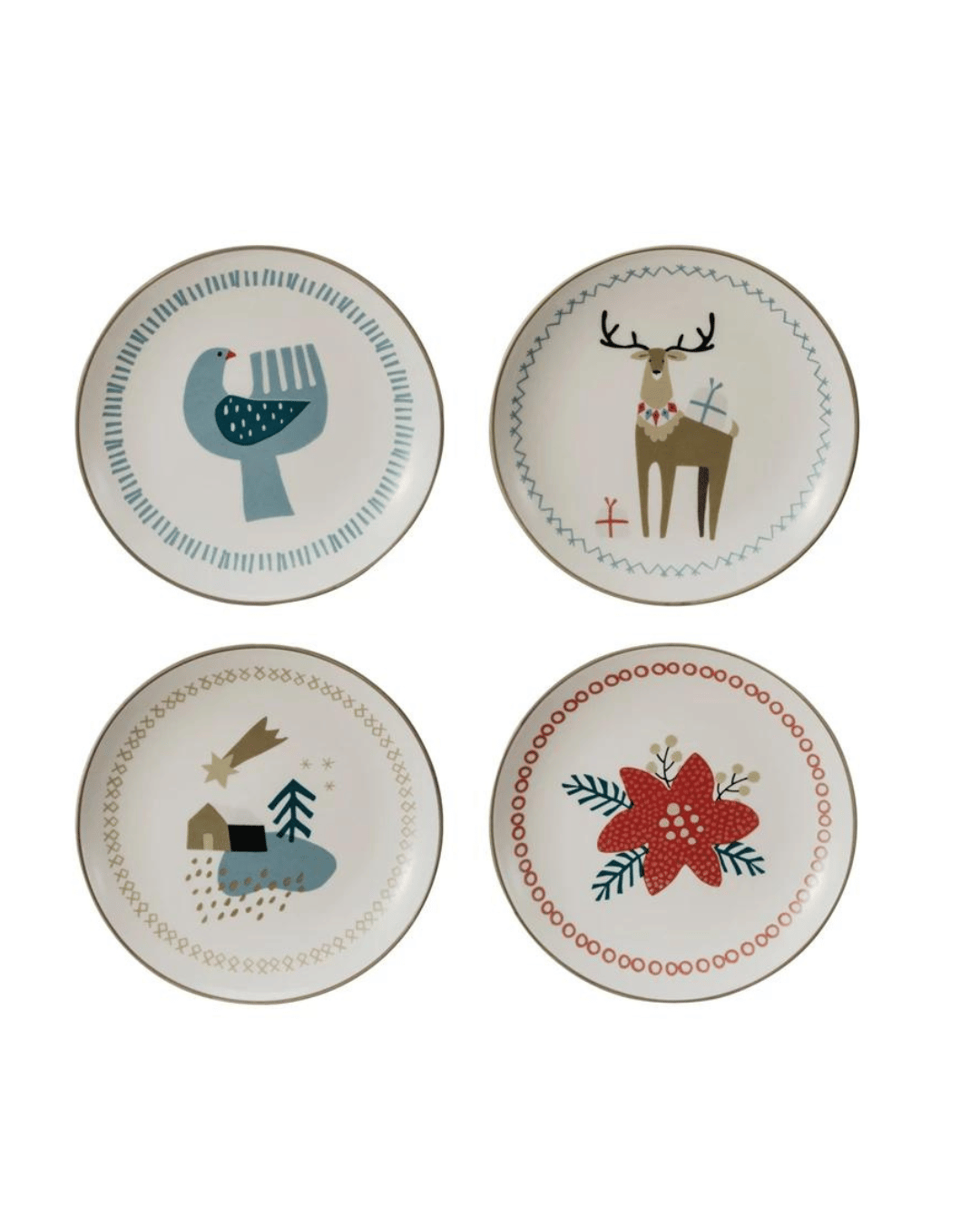 Four "Plate w/ Holiday Image" by Creative Co-op featuring festive designs and patterned edges are displayed. The top left plate showcases a blue bird with a menorah, the top right plate depicts a reindeer with ornaments, the bottom left shows a village scene with a comet, and the bottom right displays a red poinsettia.