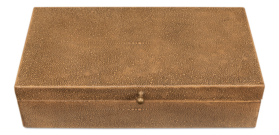 The Gatsburg Shagreen Box by Sarreid is a rectangular Tawny Brown leather storage box with a textured finish and small round front knob, displayed closed from above on a white background.