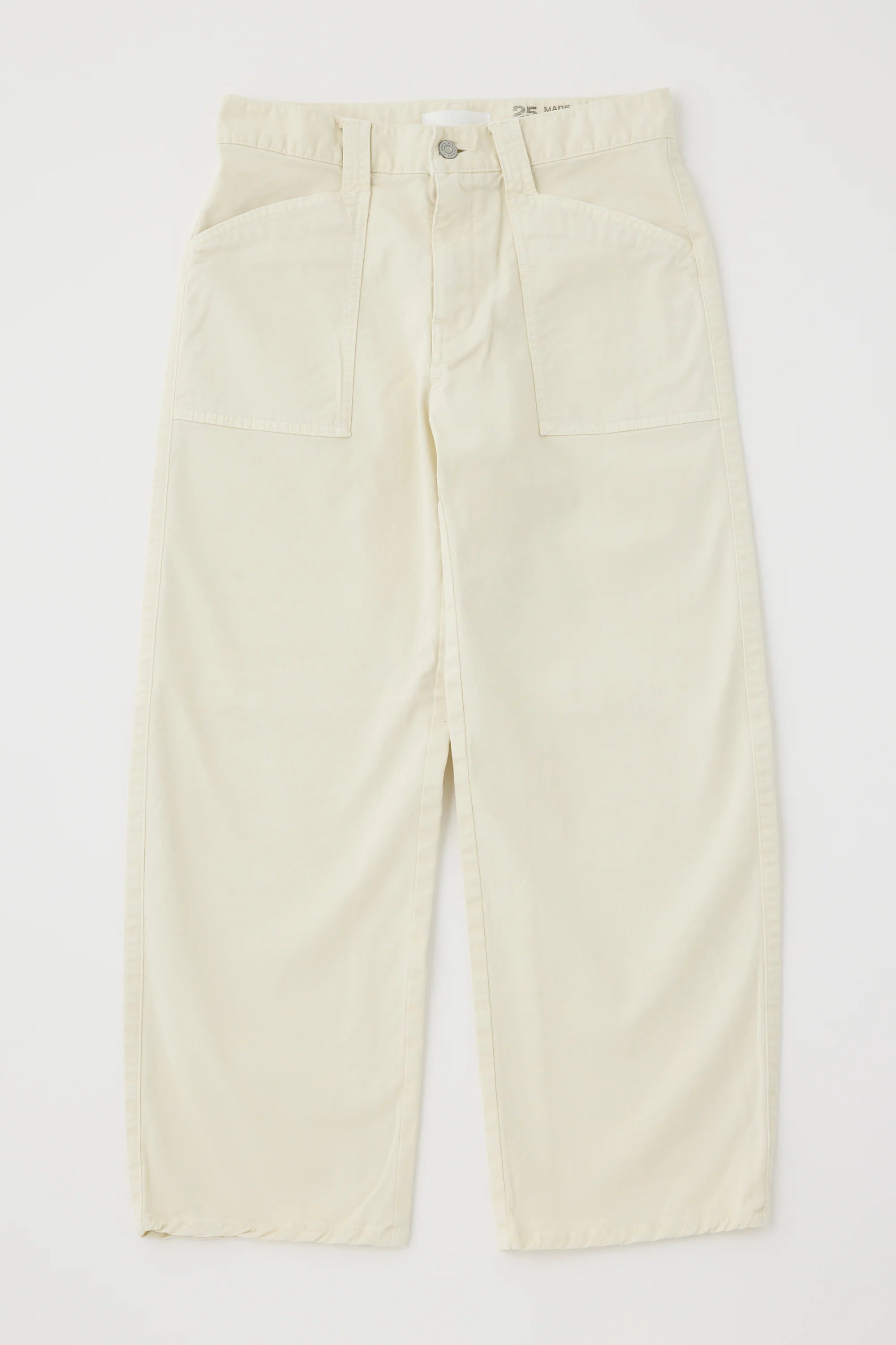 The Moussy Pomonok Gusset Cargo is an off-white, high-waisted, ankle-length straight-leg pant with front patch pockets and a button closure, shown laid flat on a white background.