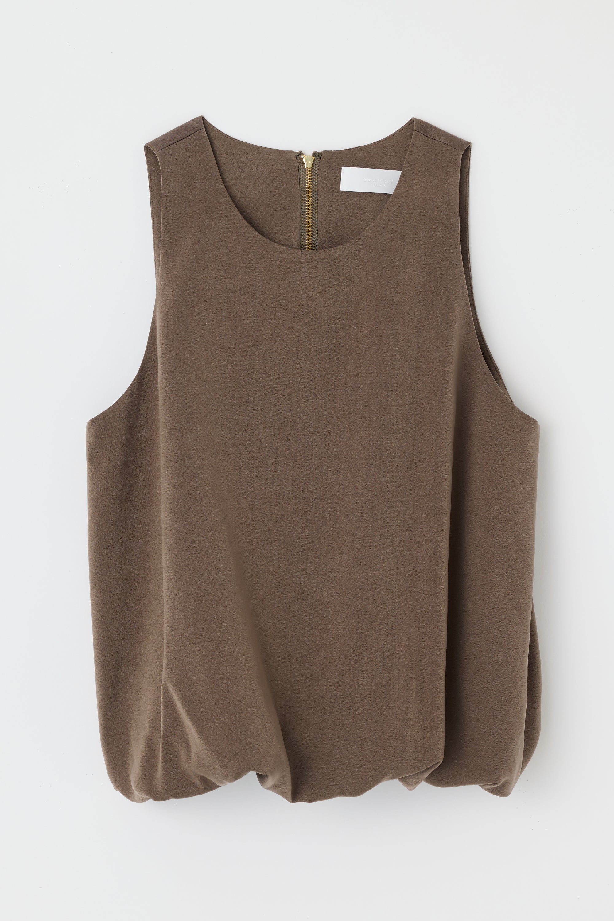 Sleeveless brown satin top with scoop neckline by Moussy, sculpted fit, shown on a white background.