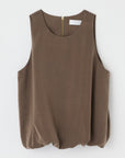 Sleeveless brown satin top with scoop neckline by Moussy, sculpted fit, shown on a white background.