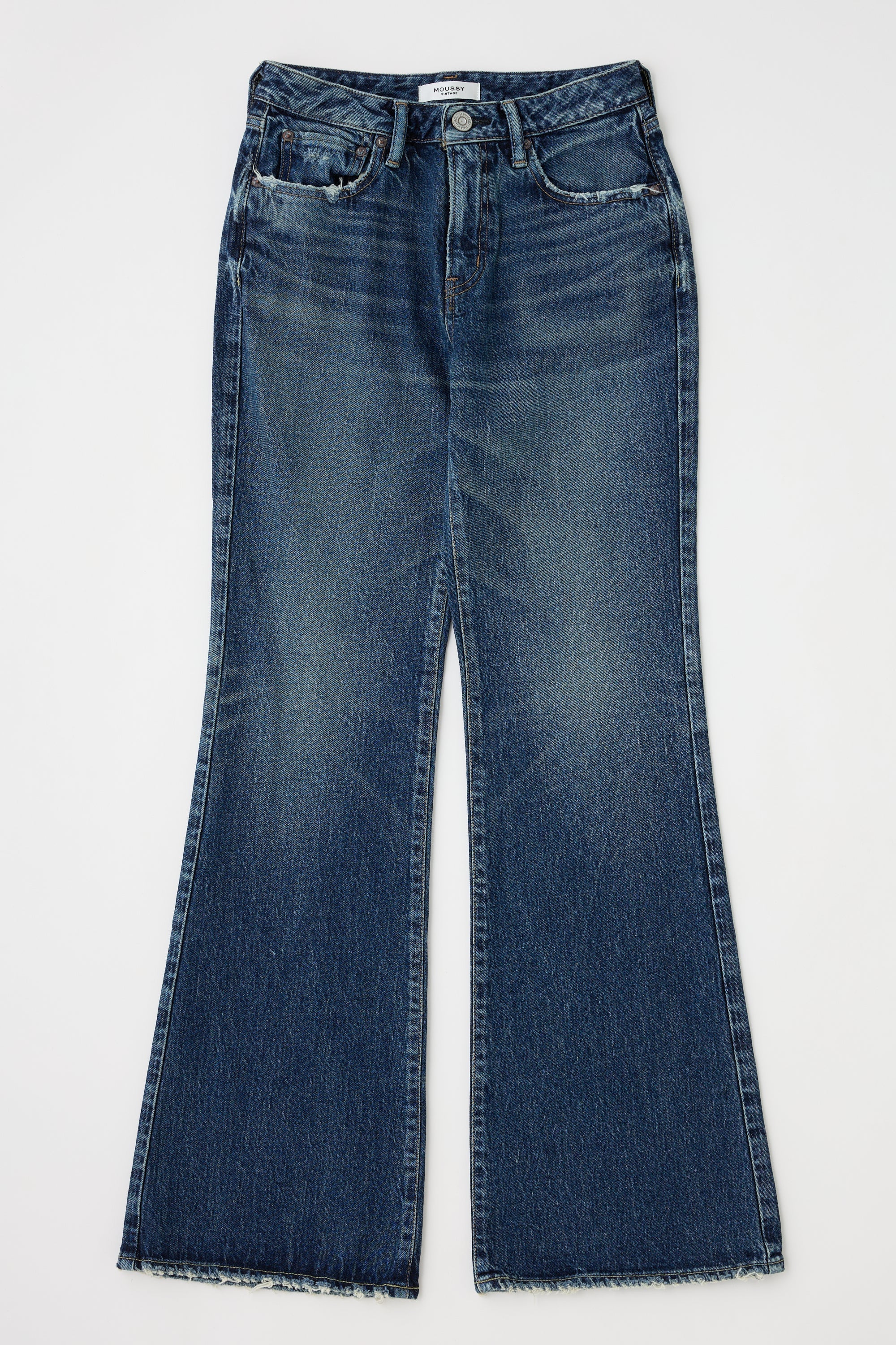 The Moussy Lismore 70's Flare is a pair of high-waisted blue denim jeans with five pockets and flared legs, featuring heavyweight faded denim and raw hems—ideal for tall-friendly style, shown laid flat on a white background.