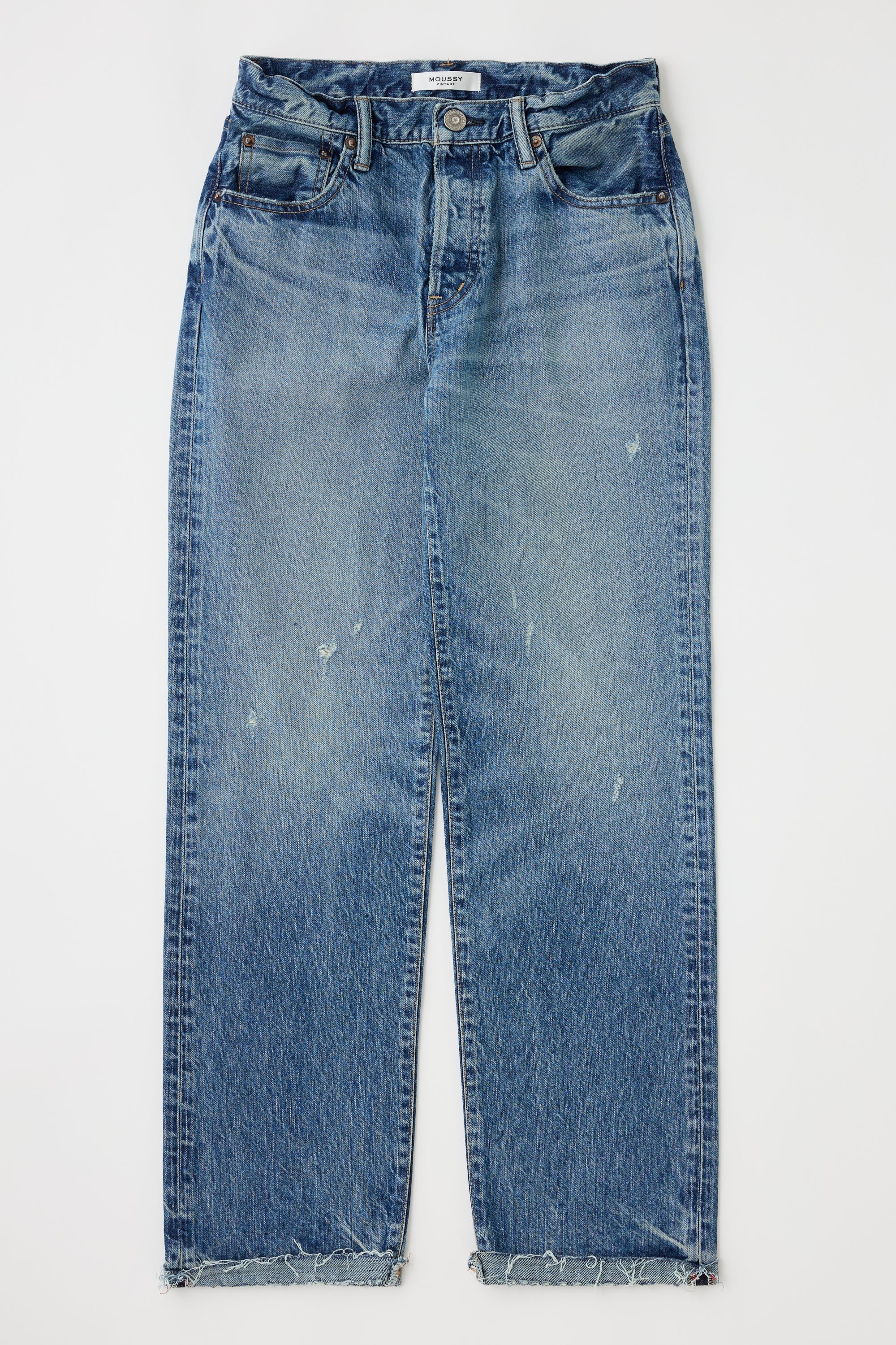 The Moussy Dorchester Straight jeans in blue cotton feature a high waist, classic five-pocket style, subtle fading, light distressing, and raw frayed hems, shown laid flat on a white background.