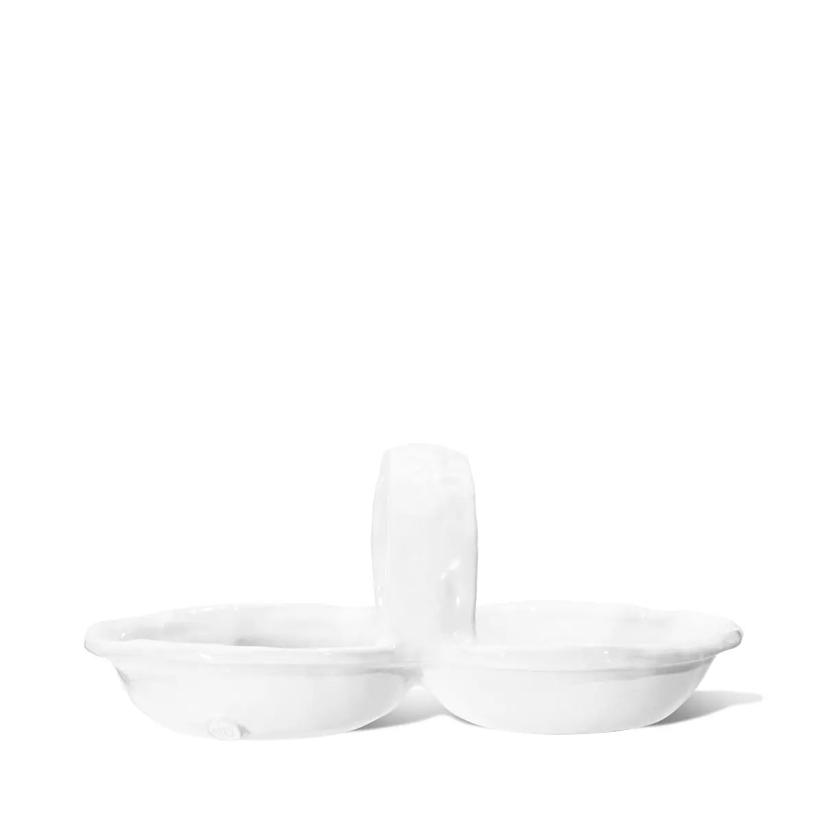 The Montes Doggett Appetizer Bowl No. 453 is a white, high-fired ceramic double dish with two connected shallow bowls and a central handle, shown on a plain white background.