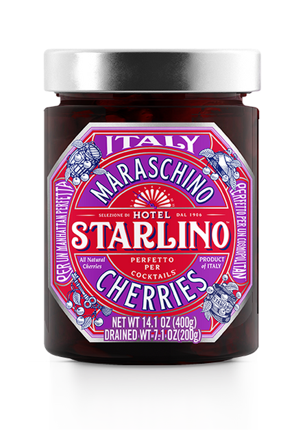 A jar of Italian Maraschino Cherries from Faire showcases a vibrant pink and purple label. These luxury cherries, soaked in natural Marasca juice, are ideal for elevating cocktails. This Italian delicacy has a net weight of 14.1 oz (400g).