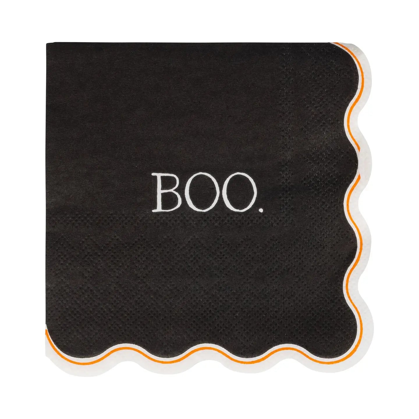 The Cocktail Paper Napkin by My Mind's Eye is a black holiday napkin with scalloped orange and white edges and "BOO." in bold white letters at the center—ideal for your next festive gathering.