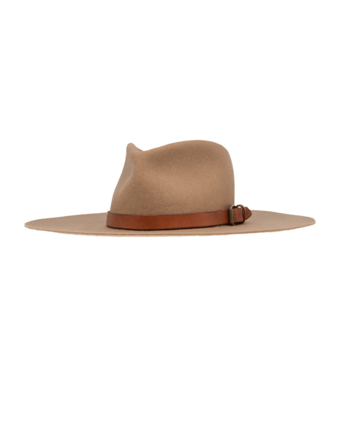 The Stratford Fedora by Ninakuru is a wide-brimmed hat crafted from light brown felt wool, accentuated with a darker brown leather band and buckle around the base. It offers both stylish charm and sun protection while being ethically made to ensure quality and sustainability, making it the perfect blend of fashion and conscience.