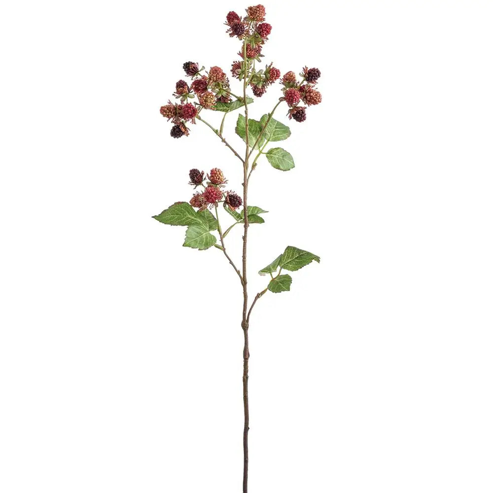 The Faire Faux Raspberry Stem features a tall stem with clusters of realistic red and dark purple berries, green leaves, and lifelike detail—perfect for stylish home decor against a white background.