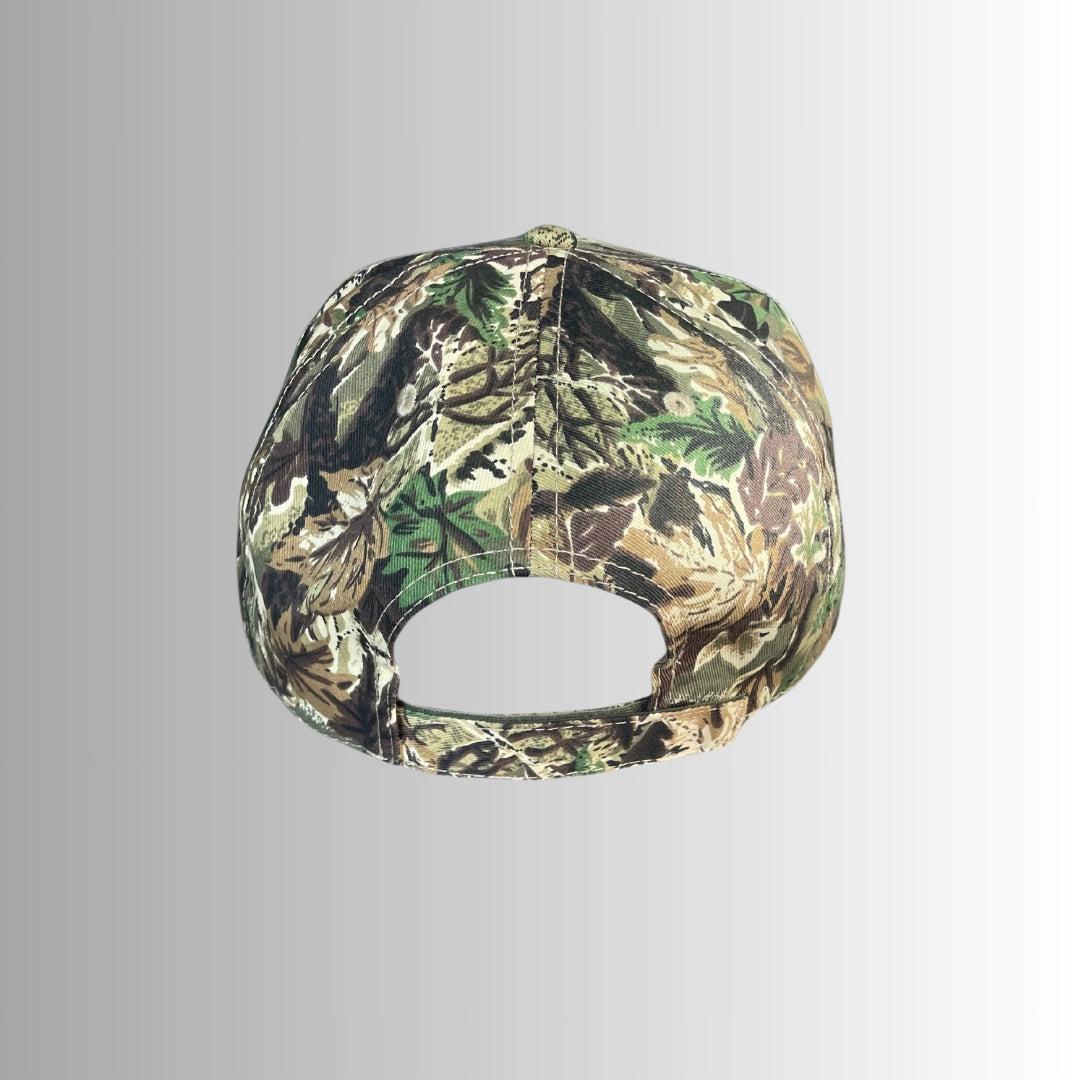 The Faire "Support Your Local Mother" camo canvas hat, shown from the back with a curved brim and adjustable strap, is set against a gradient gray background.