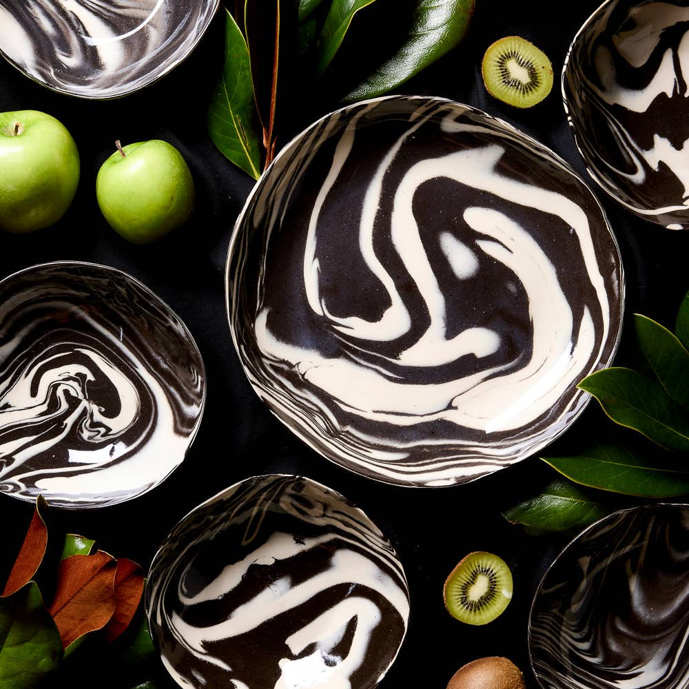 Faire’s Porcelain Serving Bowls - Black & White 10" feature striking marbled patterns, adding an artistic, modern touch to any table—ideal for handcrafted bowl collections.