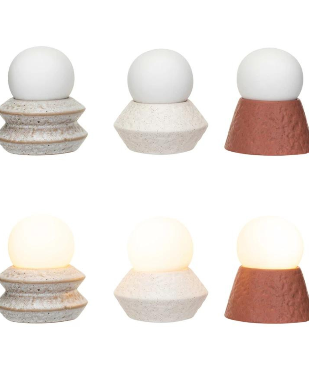 The image displays three Creative Co-op LED Orb w/ Stand ceramic table lamps, each featuring a spherical white light bulb. The designs vary; two lamps feature a textured gray base, one has a white base, and another showcases a brown base. These energy-efficient LED bulbs are shown unlit in the first row and lit in the second row.