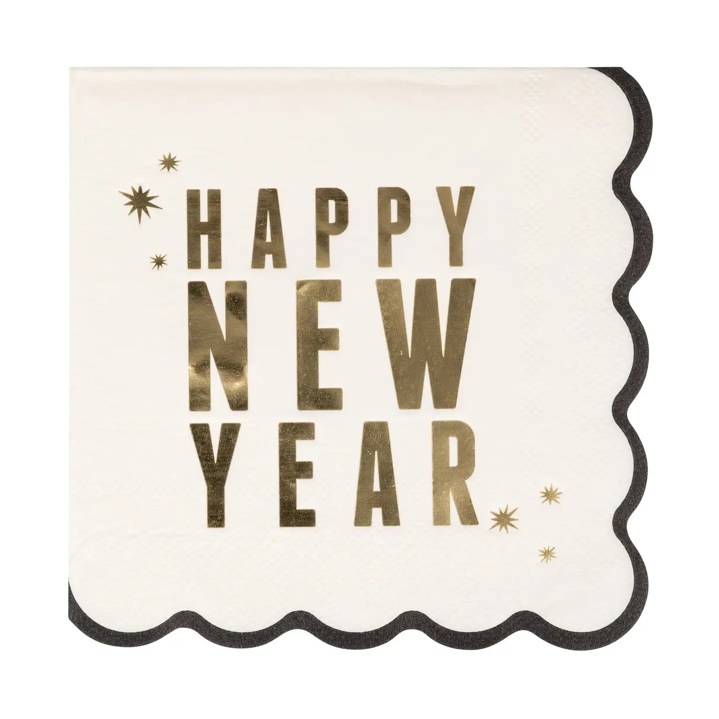The My Mind's Eye Cocktail Paper Napkin features "HAPPY NEW YEAR" in bold gold letters, black scalloped edges, and starbursts—a festive touch to add sparkle to your celebration table.