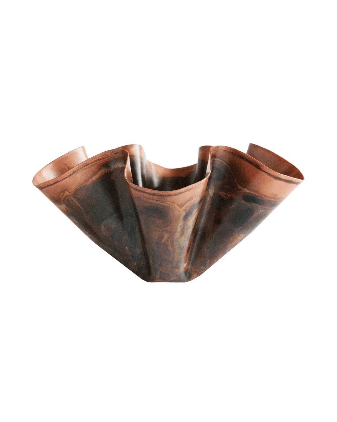 Creative Co-op's Iron Organic Shaped Planter features an abstract, wave-like design with a polished finish combining dark and light copper tones, enhancing its depth and texture.