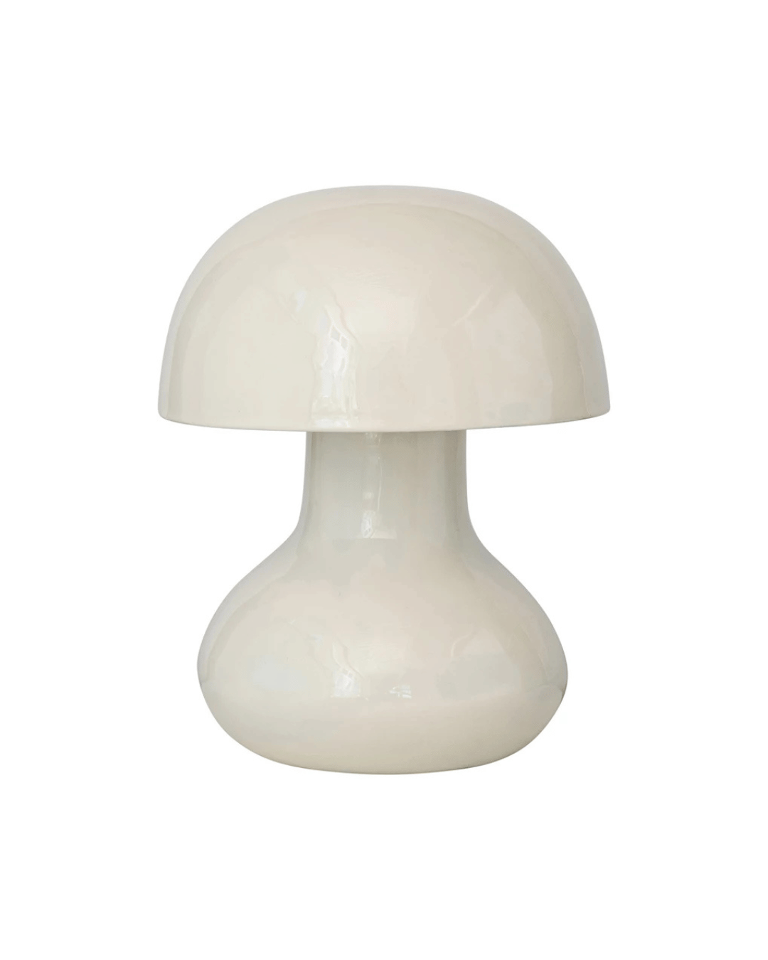 The Enameled Metal Table Lamp by Creative Co-op features an ivory color and mushroom-like design with a smooth top and wide curved base. Its modern, minimalist style is enhanced by the convenience of an inline switch.