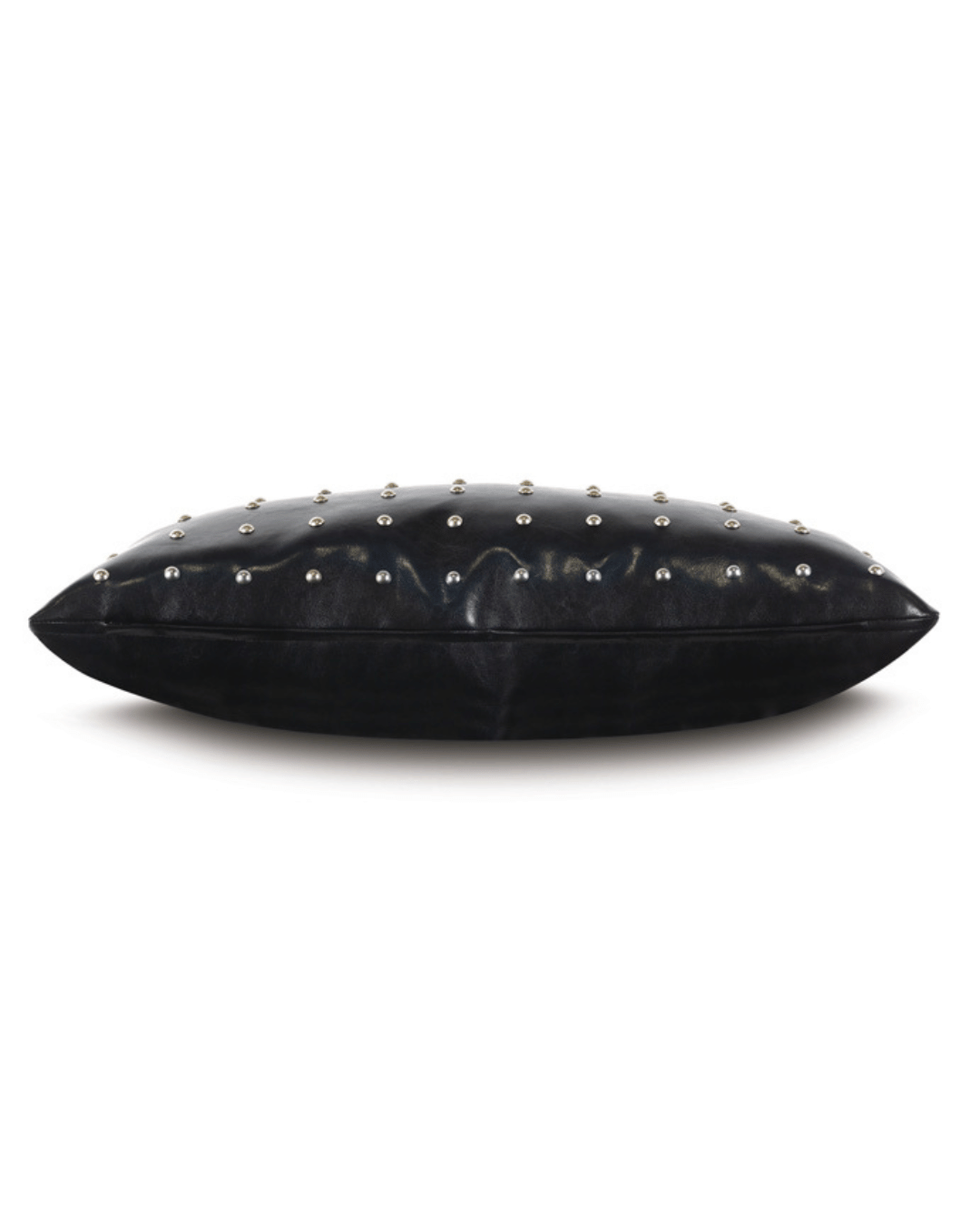 A black rectangular ONYX W/NAILHEADS 15x26 accent pillow from Eastern Accents with a shiny faux leather surface, adorned with evenly spaced silver nailhead accents on its top side, shown against a plain white background.
