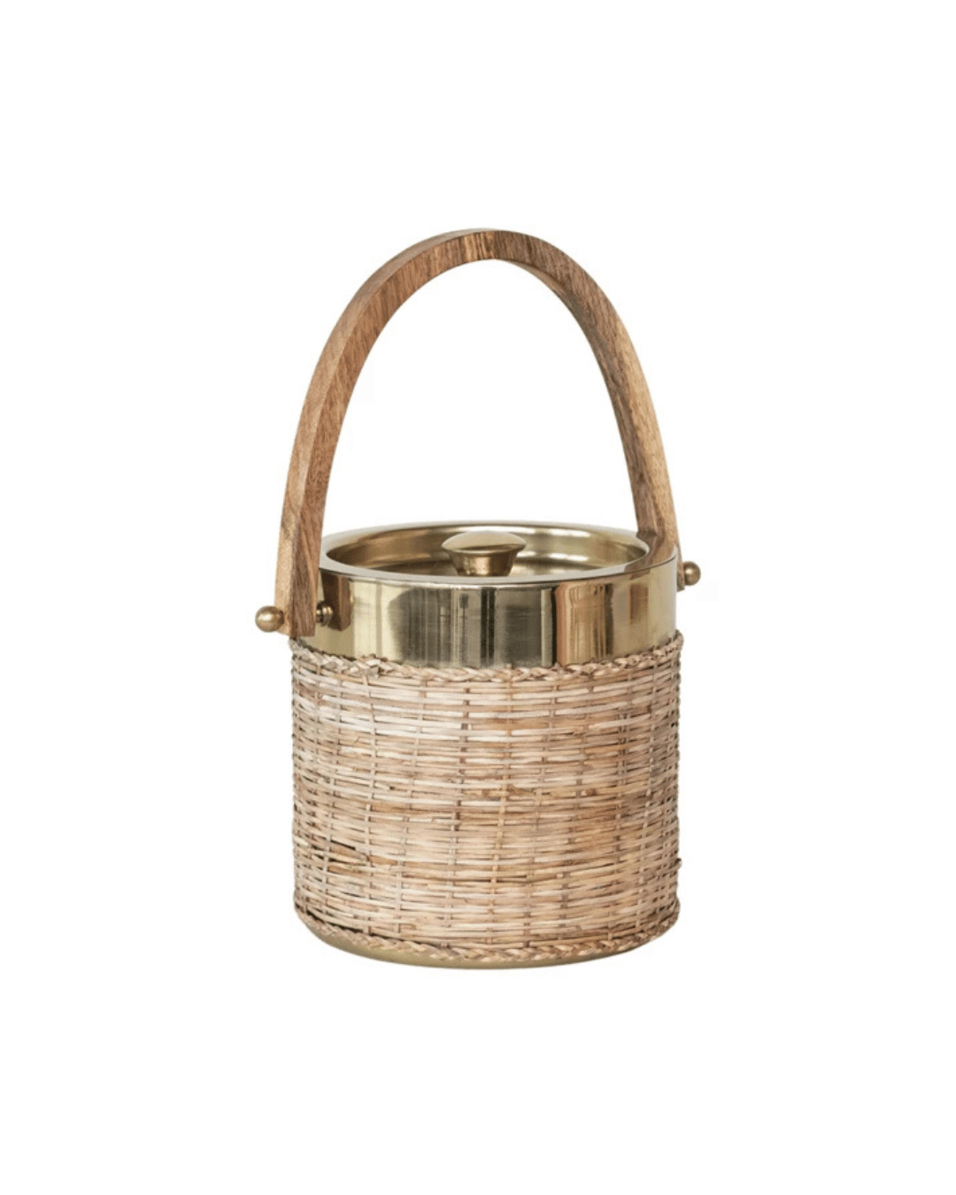 The Creative Co-op Stainless Steel & Woven Rattan Ice Bucket features a rustic design with a brass-toned top and mango wood handle, combining elegance with its woven wicker body.