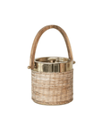 The Creative Co-op Stainless Steel & Woven Rattan Ice Bucket features a rustic design with a brass-toned top and mango wood handle, combining elegance with its woven wicker body.